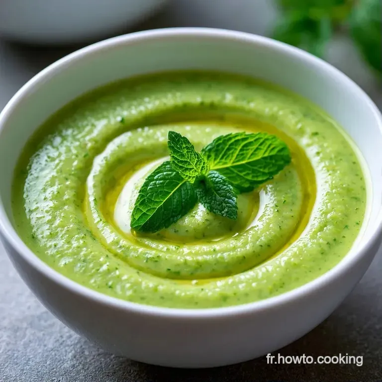 Un bol en c&eacute;ramique rempli d'une cr&egrave;me vert tendre, d&eacute;cor&eacute; d'un tourbillon de cr&egrave;me fra&icirc;che et de quelques graines croquan...
