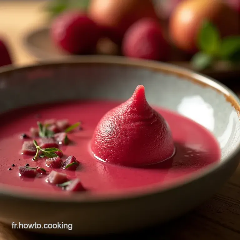 Symphonie Estivale Soupe de Fruits Rouges Légère au Cœur de Sorbet Framboise Artisanale presentation
