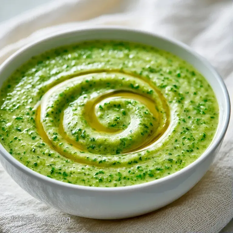 Soupe onctueuse vert p&acirc;le servie dans un bol blanc minimaliste, d&eacute;cor&eacute;e d'un tourbillon de cr&egrave;me et de poivre moulu.