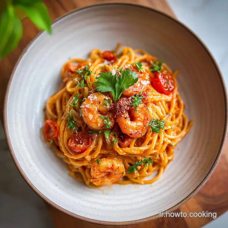 A swirl of creamy pasta garnished with bright red pepper flakes and fresh parsley sprigs.