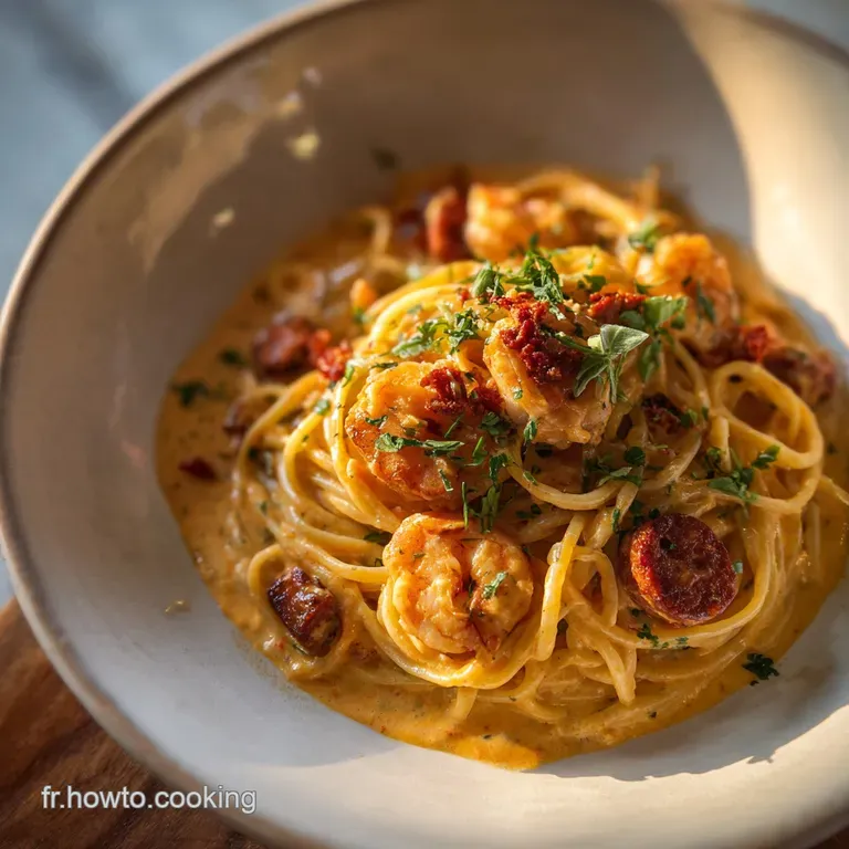Spaghetti &agrave; la Cr&egrave;me de Poivron Rouge Chorizo et Crevettes