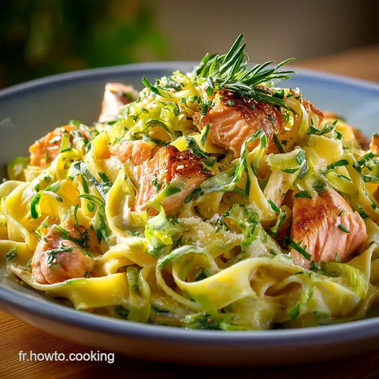 Tagliatelles Cr&eacute;meuses Aux Fins De Poireaux Et Au Saumon Fum&eacute; presentation