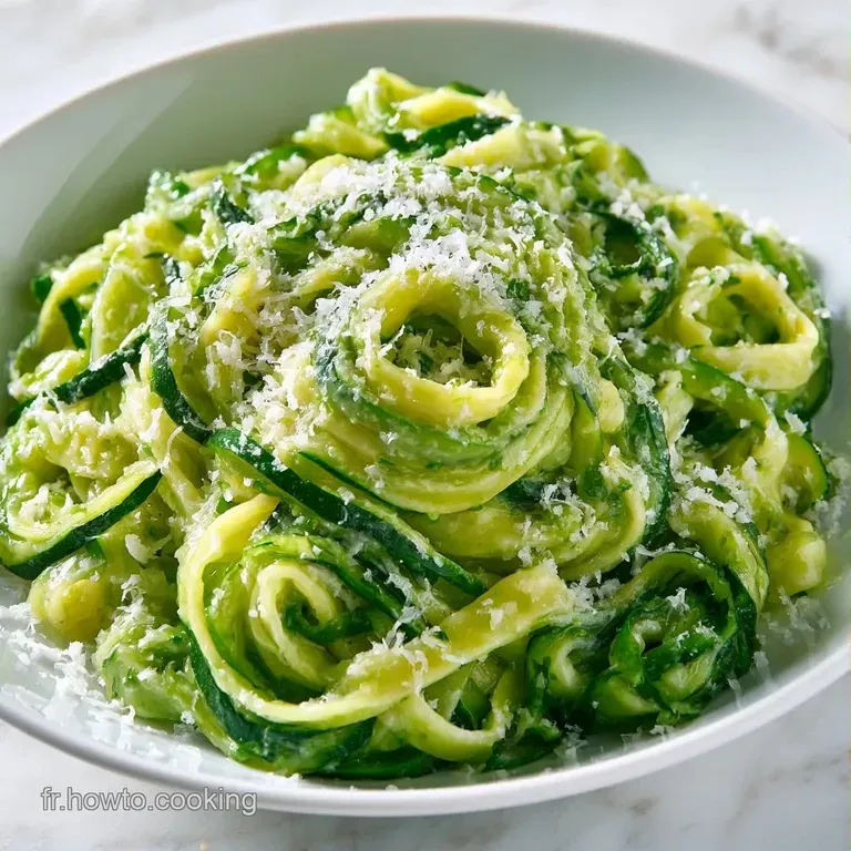 Spirales de l&eacute;gumes verts tendres dress&eacute;es avec soin dans une assiette blanche, d&eacute;cor&eacute;es de basilic frais et d'huile.