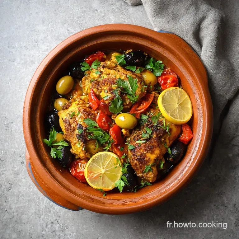 Tender chicken pieces with plump olives and colorful peppers served in a rustic tagine.