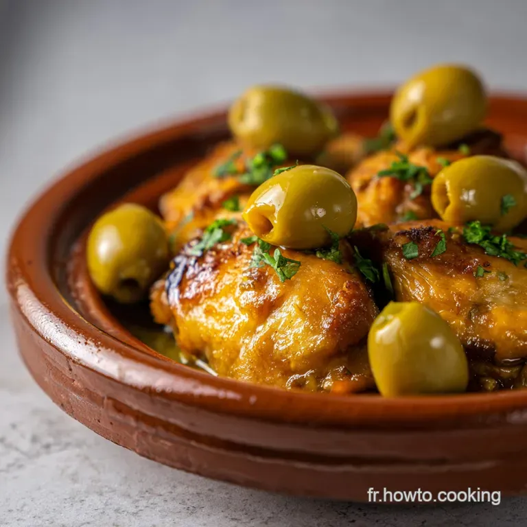 Pi&egrave;ce de poulet fondante napp&eacute;e d'une sauce brillante, entour&eacute;e d'olives vertes et de quartiers de citron confit jaune.