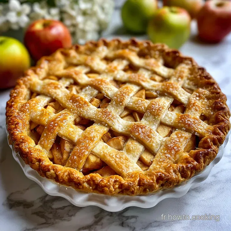 Slice of apple tart with a scoop of vanilla ice cream, drizzled with caramel sauce on a white plate. Warm and inviting des...