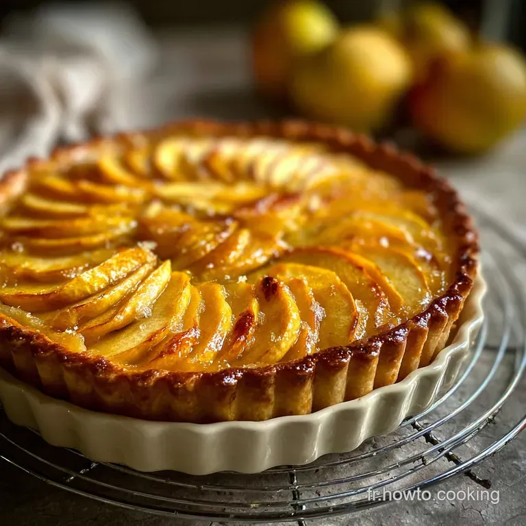 Slice of warm apple tart with flaky crust on a white plate. Caramel sauce drizzled artfully, powdered sugar dusting.