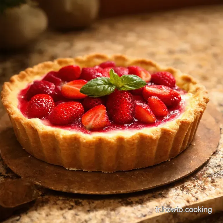 Tarte Gourmande Aux Fraises Fra&icirc;ches Cr&egrave;me P&acirc;tissi&egrave;re Au Basilic presentation