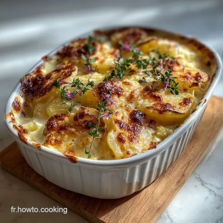 Creamy, comforting Tartiflette, artfully plated with a sprig of thyme, showing layers of potatoes, bacon, and melted cheese.