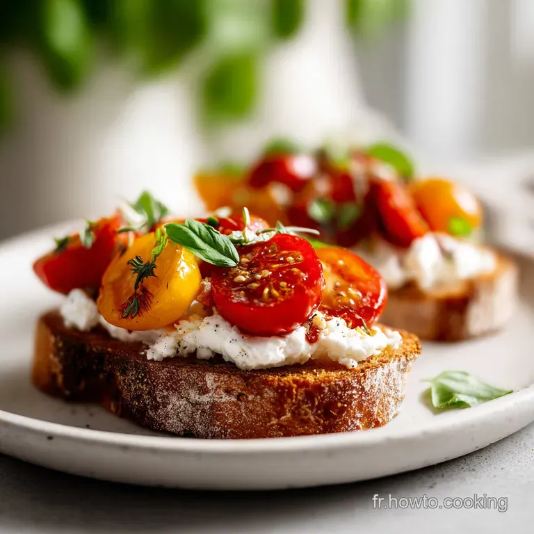 Delicate open-faced sandwich with dollops of white ricotta, bright red tomato slices, and scattered herbs on a white plate.