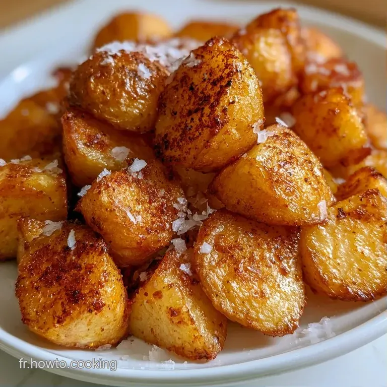 Cubes r&ocirc;tis d'un jaune dor&eacute; dispos&eacute;s avec soin sur une assiette blanche, entour&eacute;s d'une pinc&eacute;e de sel et de poivre.