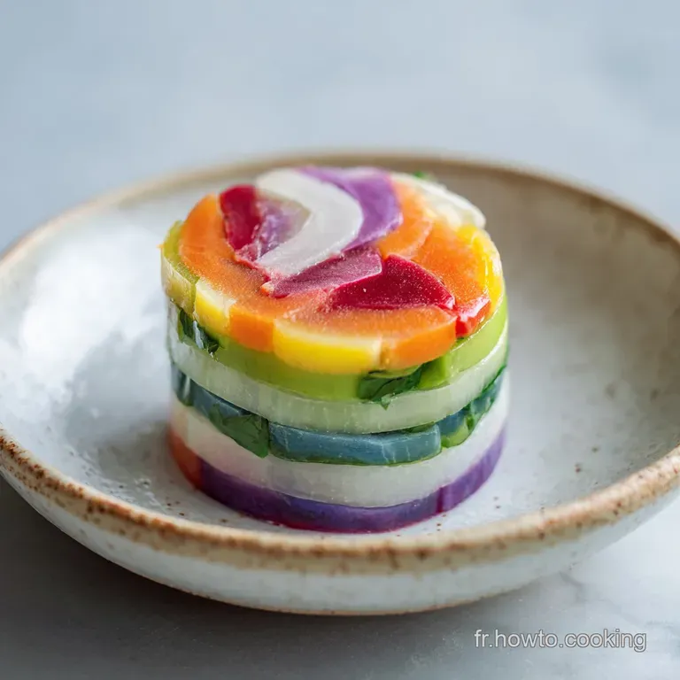 Elegant slice of layered vegetable terrine atop a white plate, garnished with fresh herbs.