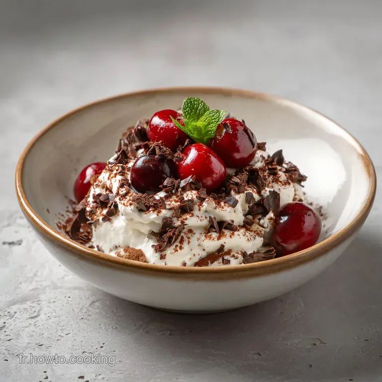An elegant slice of Tiramisu For&ecirc;t Noire revealing fluffy mascarpone and soaked ladyfingers.