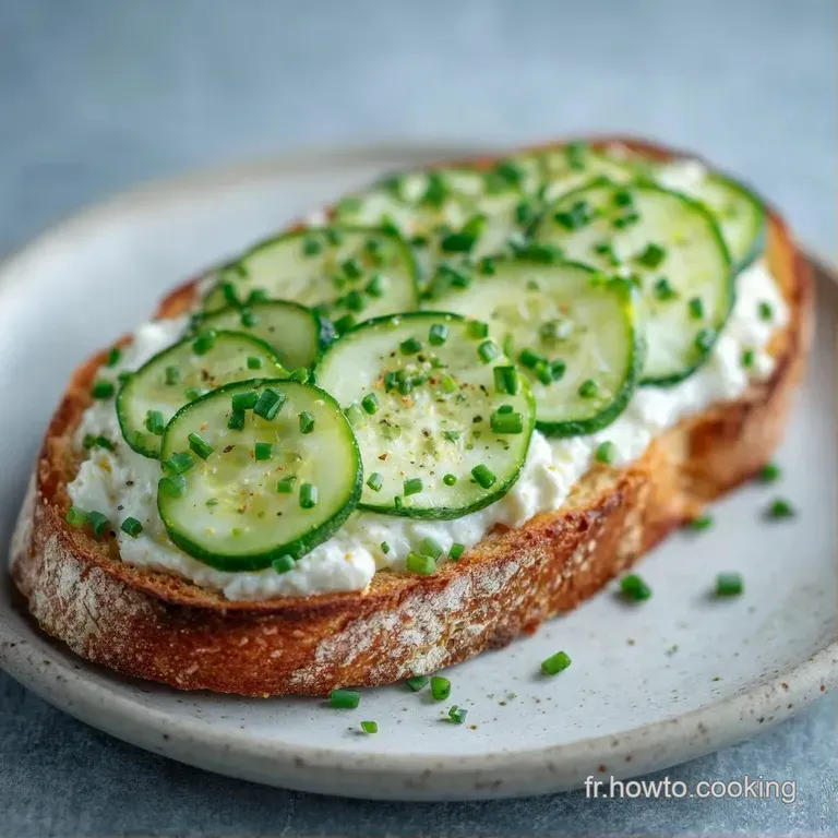 Tartine croustillante dispos&eacute;e sur une assiette blanche, contrastant le vert vif du concombre et le blanc onctueux.
