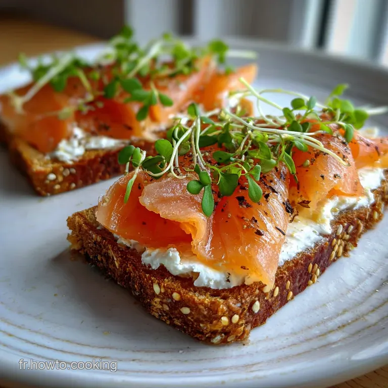Elegant plate with two salmon toasts. Vivid pink salmon contrasted with the green avocado and crisp, golden-brown toast po...