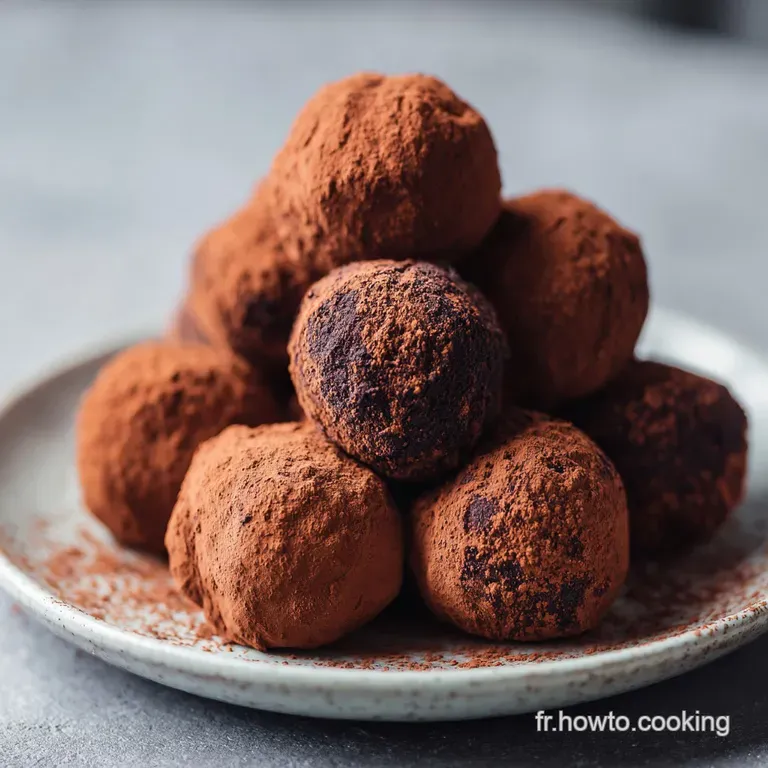 Elegant plate of handcrafted chocolate truffles dusted with cocoa powder and speckled with delicate flakes of sea salt.