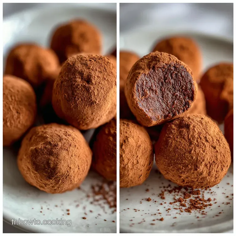 Elegant arrangement of dark chocolate truffles, some glistening with a slight sheen, presented on a dark, reflective surface.
