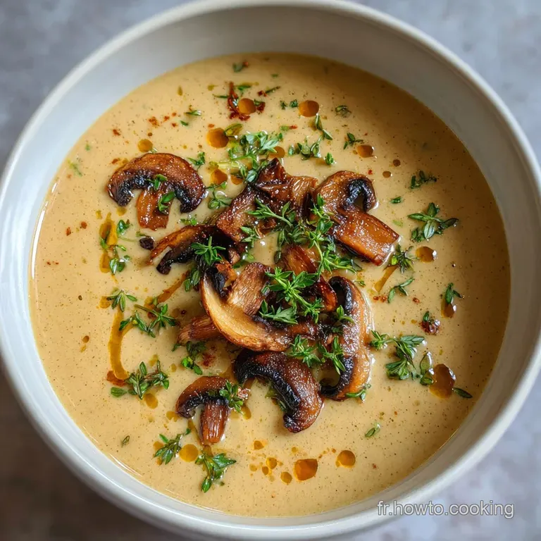Elegant bowl of mushroom soup with a drizzle of cream & herbs. The smooth soup contrasts with the vibrant green garnish.