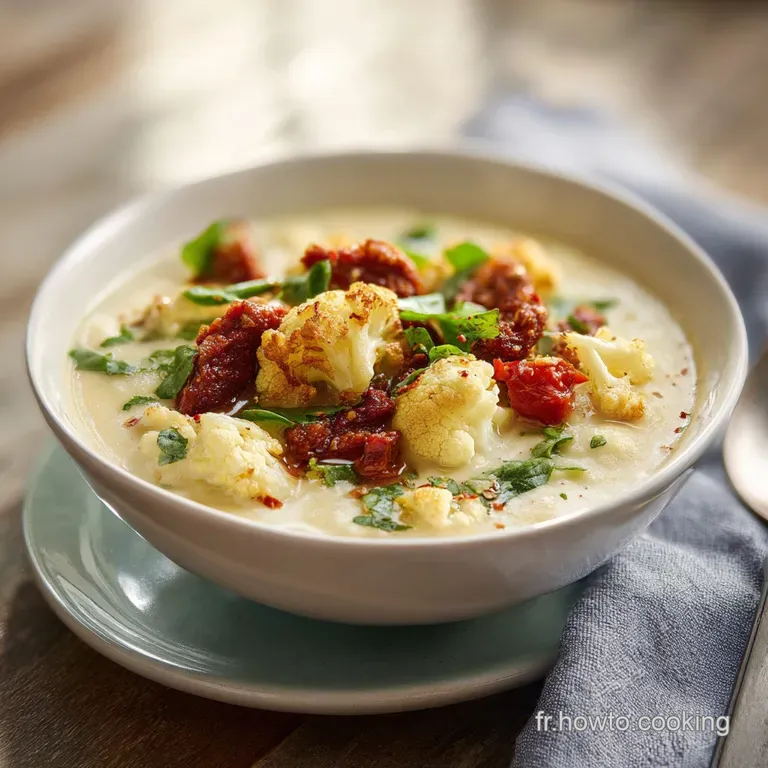 A pristine white bowl holds smooth cauliflower soup, topped with bright chorizo crumbles and parsley.