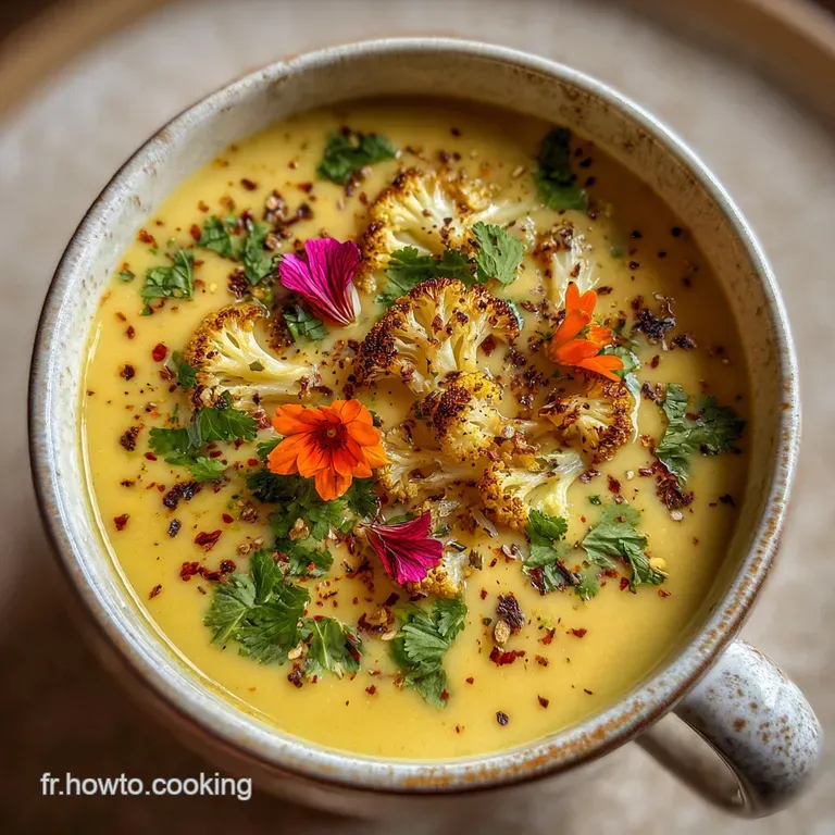 Elegant bowl of smooth, light beige cauliflower soup, garnished with fresh, chopped chives. A warm, comforting, and inviti...