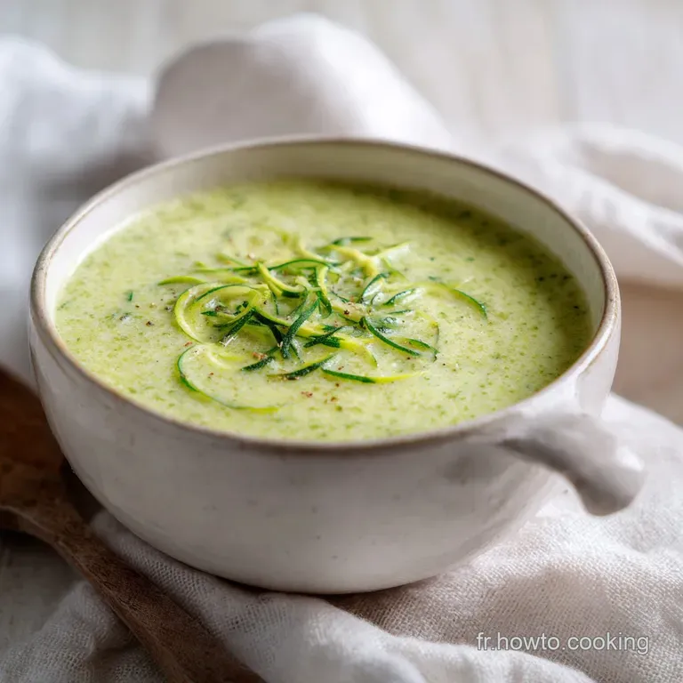 Elegant plating of smooth zucchini velout&eacute;, garnished with vibrant green herbs and a delicate swirl of cr&egrave;me fra&icirc;che.
