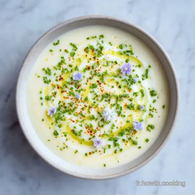 Soupe p&acirc;le et lisse servie dans une assiette creuse blanche, d&eacute;cor&eacute;e d'une pointe d'asperge tendre et d'une mousse l&eacute;g&egrave;re.