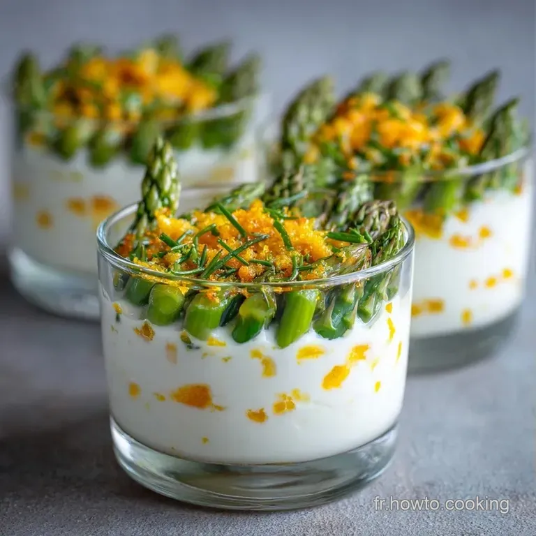 Verre transparent d&eacute;voilant des couches de cr&egrave;me onctueuse, d'asperges croquantes et un topping jaune vif et l&eacute;ger.