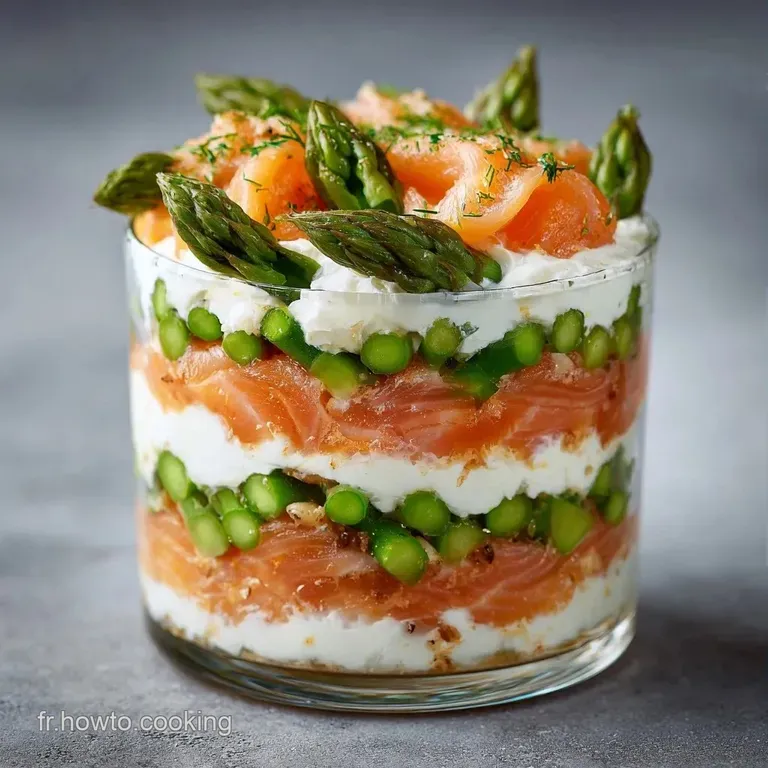 Verrine transparente r&eacute;v&eacute;lant des couches nettes de mousse blanche, morceaux de poisson orang&eacute; et tiges vertes tendres.