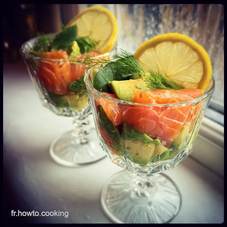 Elegant verrine glass filled with layers of bright green avocado mousse and thinly sliced, glistening smoked salmon. Lemon...