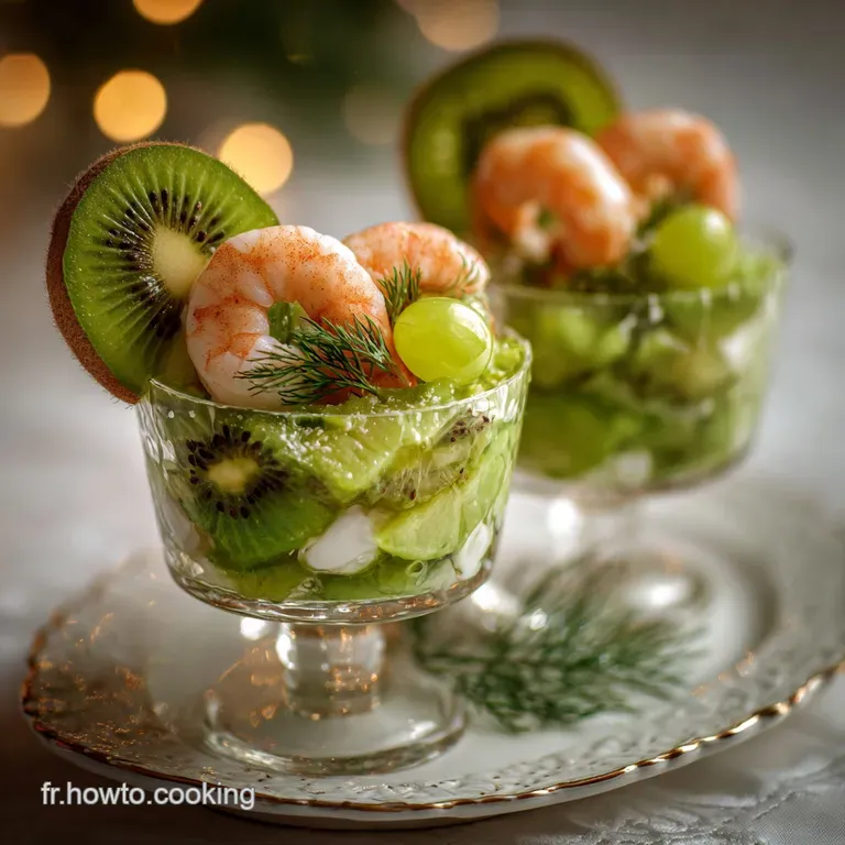 Elegant verrine de No&euml;l: Delicate layers of shrimp, avocado and kiwi in a crystal glass, showcasing textures and bright, f...