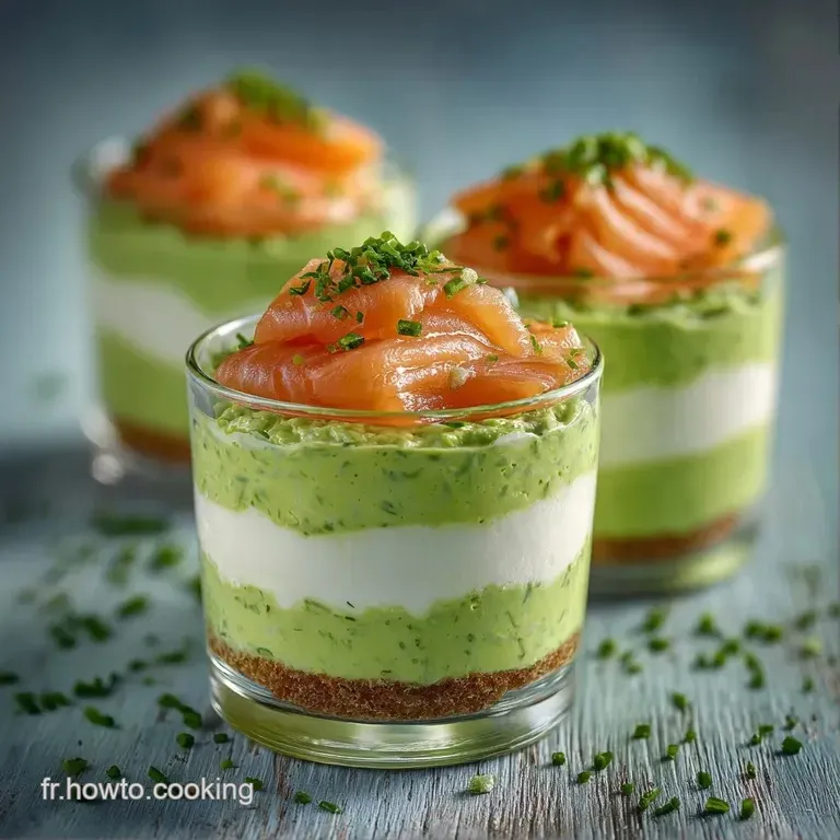 Verrine transparente r&eacute;v&eacute;lant des strates onctueuses vert p&acirc;le et rose vif, pos&eacute;e sur une nappe blanche et &eacute;pur&eacute;e.