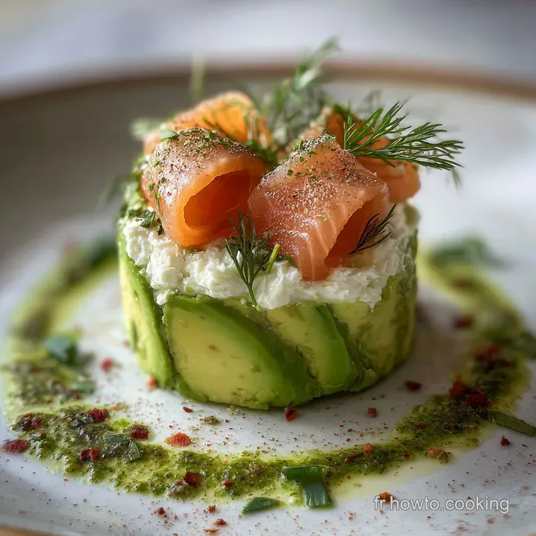 Elegant avocado verrine, creamy green and white layers visible in the glass, garnished with a sprig of herbs on a linen na...