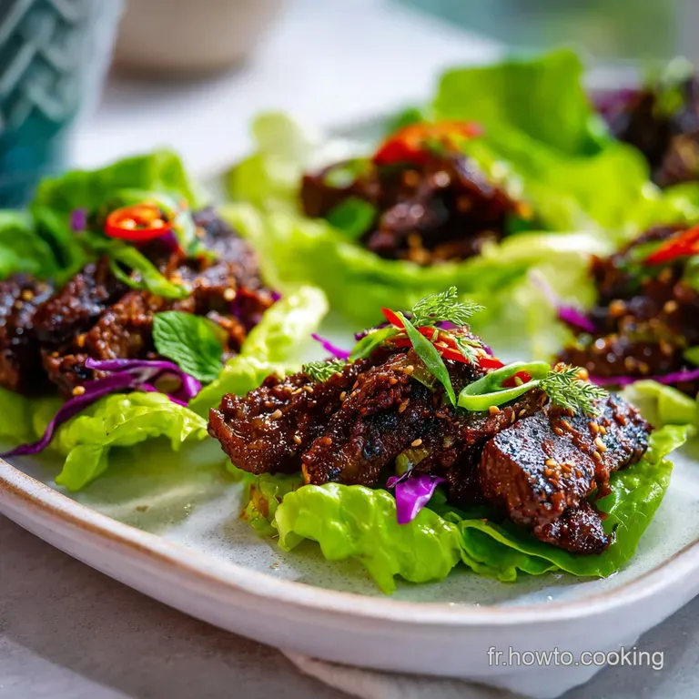 Plated grilled beef lettuce wraps, glistening with sauce, alongside colorful fresh herbs. An inviting, light and healthy m...